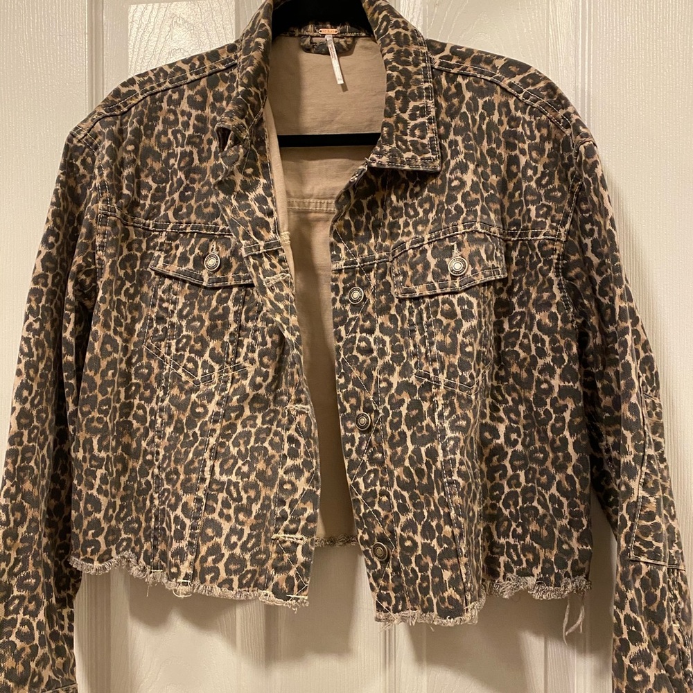 Free People Cropped Leopard Print Denim Jacket